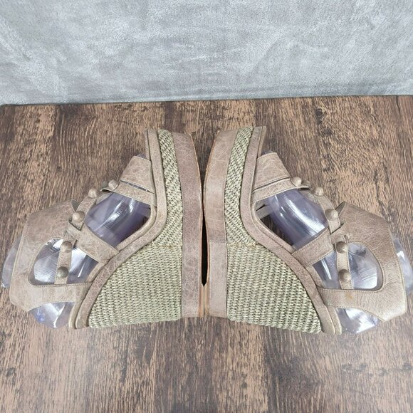 Balenciaga Arena Espadrille Wedges Sandals 10 Taupe Grey Studded Leather Raffia - Picture 11 of 16